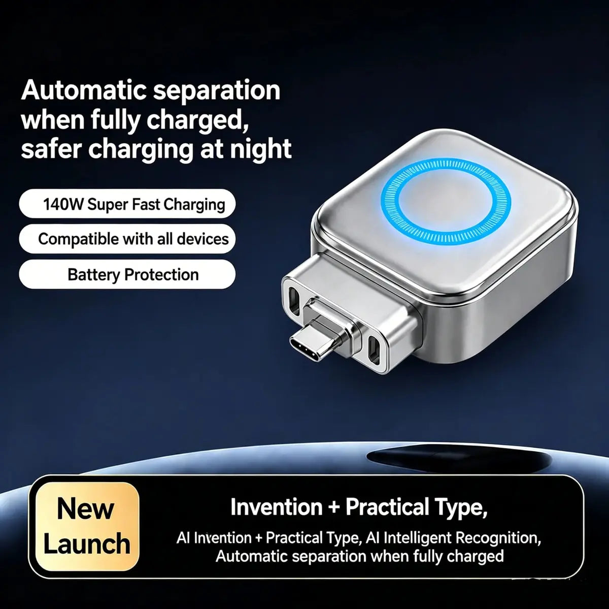 Smart Auto Stop Charging Adapter 140W – AI Powered Overcharge Protection Charger with Automatic Cut-Off, Universal USB Fast Charging Safety Plug for Phone, Tablet & Electronics