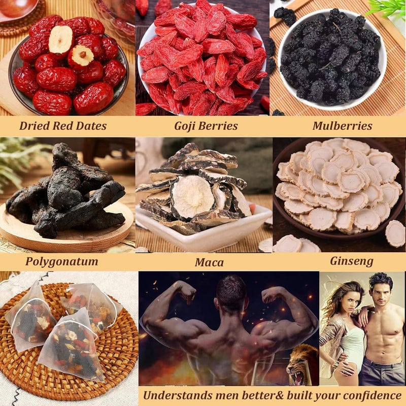 Ginseng & Mulberry Herbal Tea, Premium Ginseng Five Treasures Tea Kidney Teas, 100% Natural Herbal Blend, Kidney Cleanse Detox & Repair, Boosts Energy & Vitality