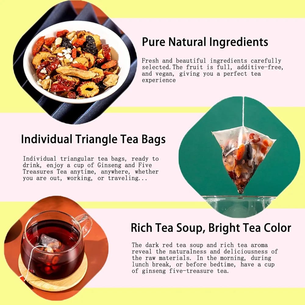Ginseng & Mulberry Herbal Tea, Premium Ginseng Five Treasures Tea Kidney Teas, 100% Natural Herbal Blend, Kidney Cleanse Detox & Repair, Boosts Energy & Vitality
