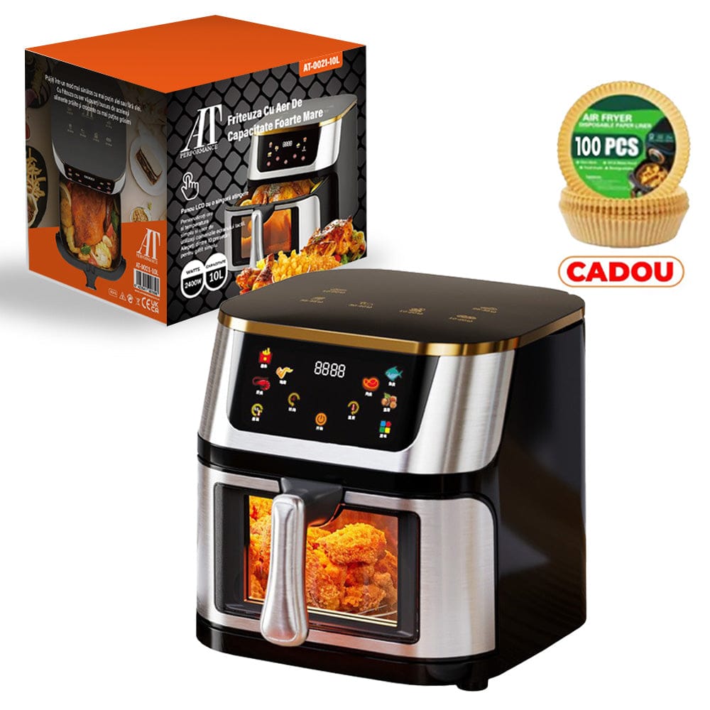 Hot Air Fryer 10L AT PERFORMANCE® – 2400W, Digital Touch Display, 8 Programs, with Glass, Black + GIFT 100 Baking Papers